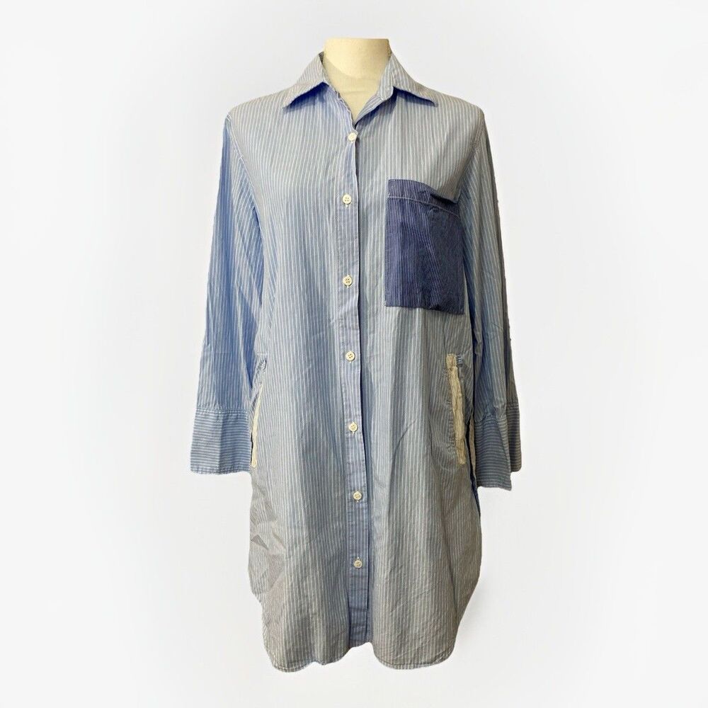 Zara Shirt Dress S Blue White Stripe Oversized Button Up Colorblock Preppy Chic